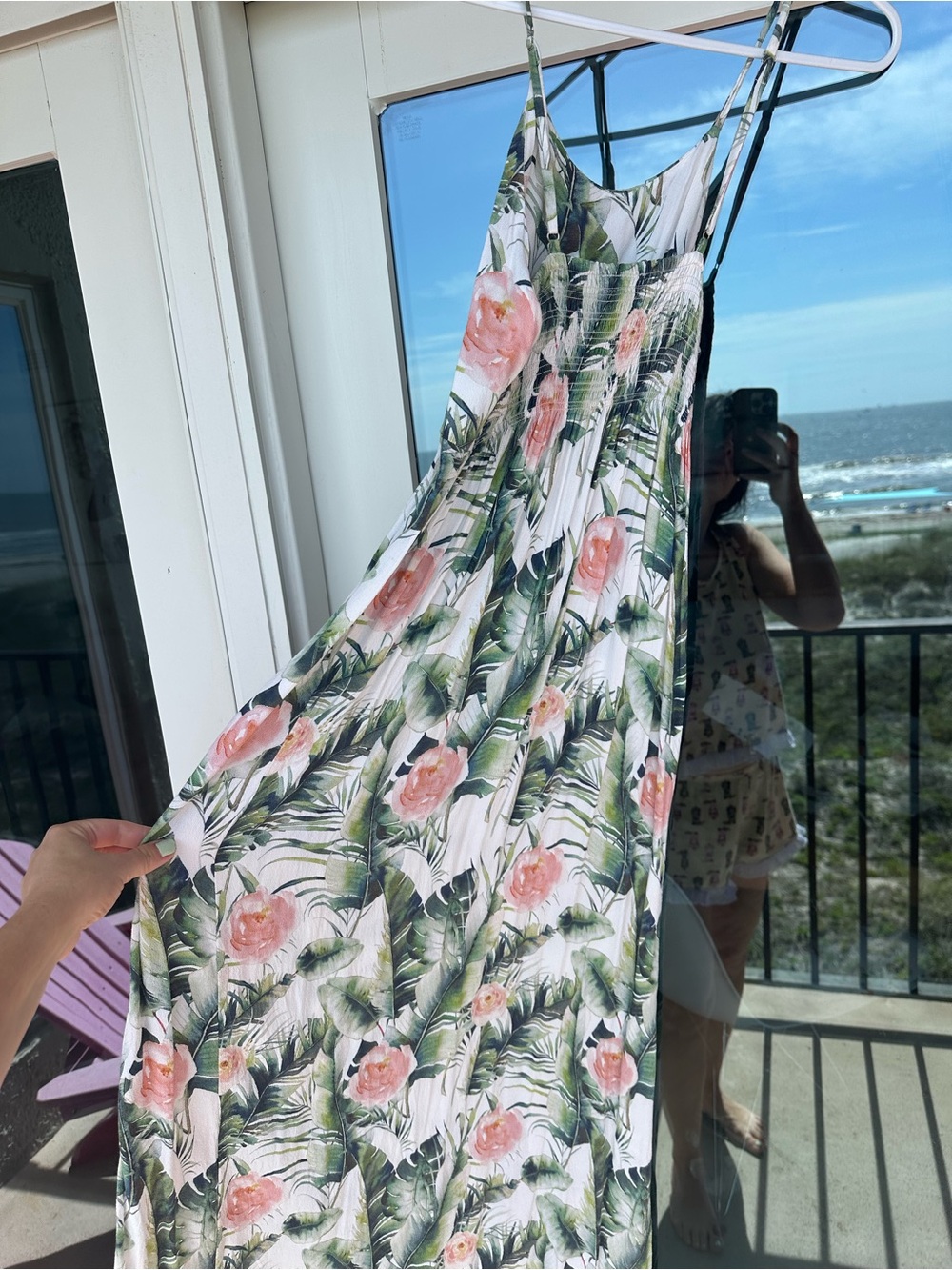 Floral White Maxi Dress with Pink Rose Print - Picture 3 of 3